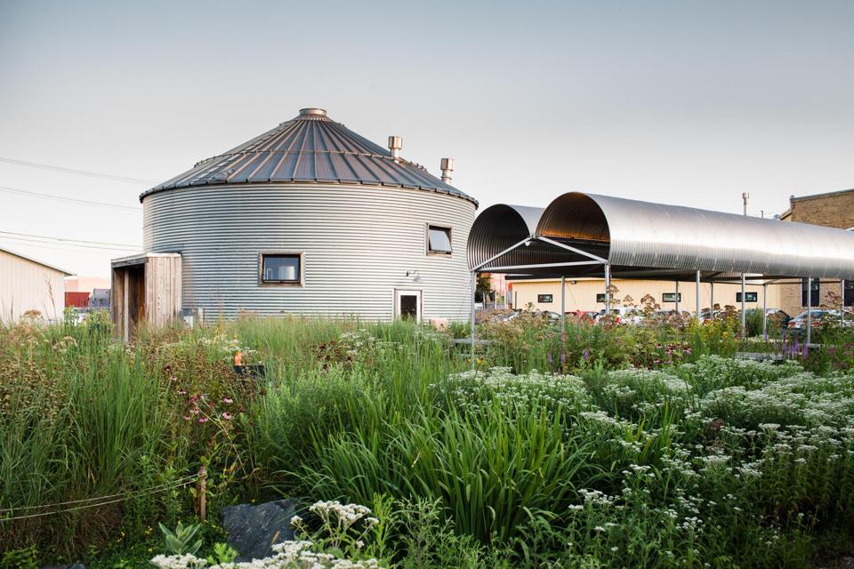 A large steel grain bin is the home of Bang Brewer in St. Paul, MN