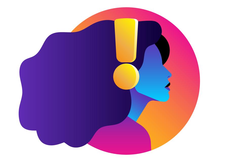 A young girl is listening to music or a podcast in headphones. Colored silhouette side view. Logo, emblem or design element.