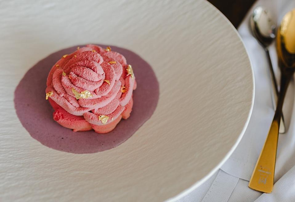 cassis and ruby chocolate vacherin in the shape of a rose