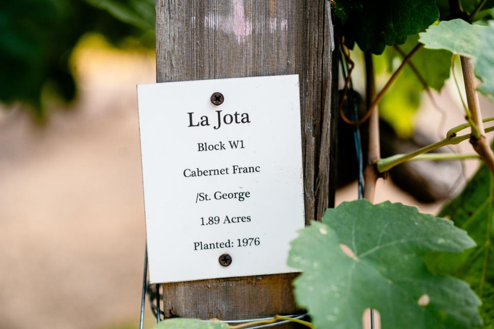 A label for vine Cabernet Franc at La Jota Vineyard Co.