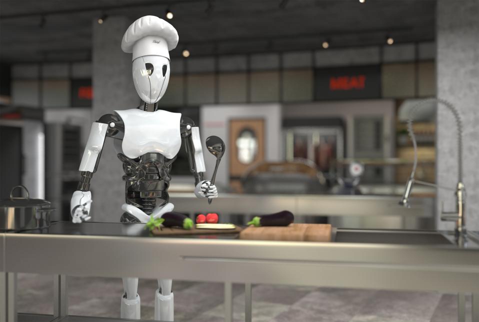 A humanoid robot chef cooks dishes in a restaurant kitchen. Replacing human labor with robotics. Future concept with smart robotics and artificial intelligence. 3D rendering