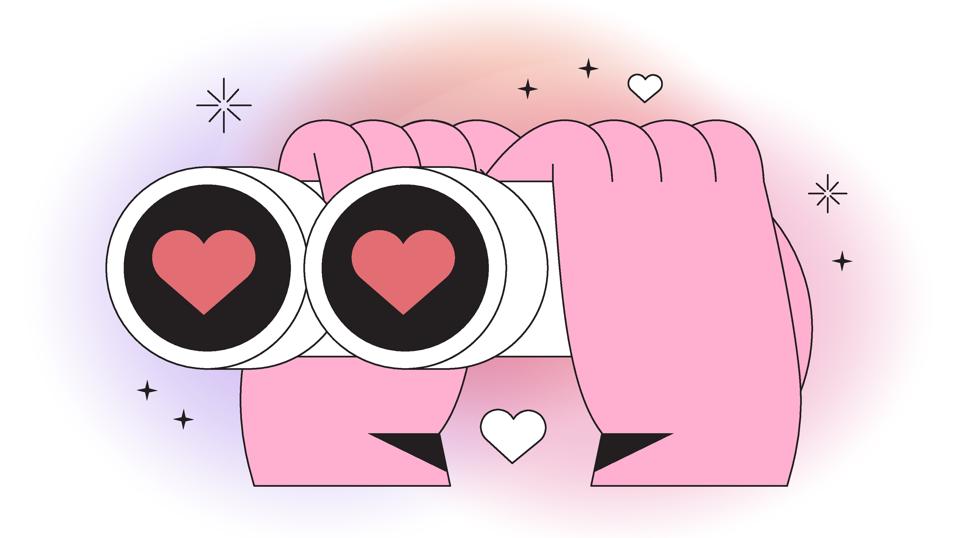 Hands hold binoculars and look through them. Eyes with red hearts full of love. Vector illustration for dating application or valentines day. Outline vector element for web, ui or application design.