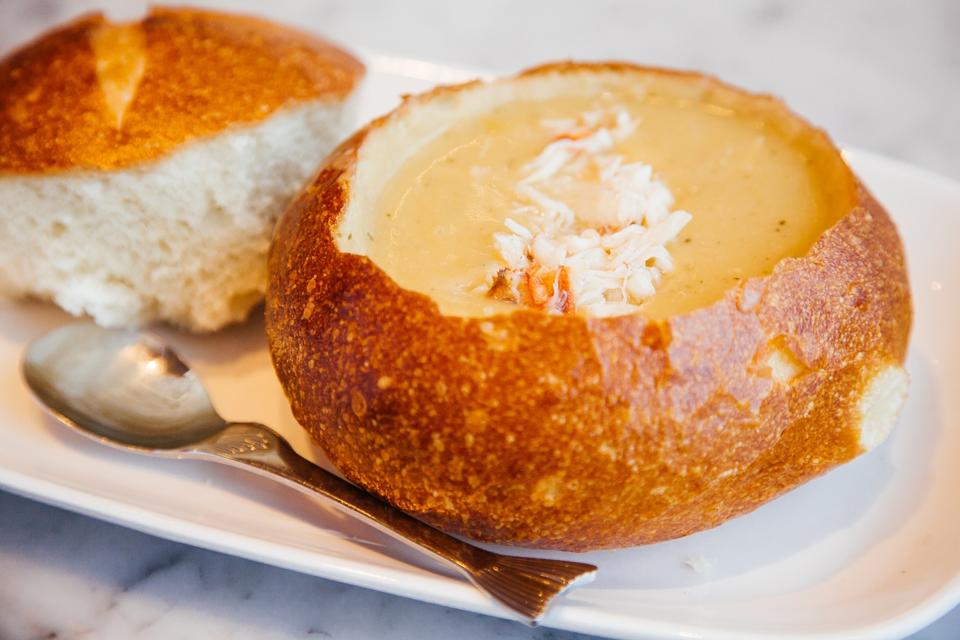 Clam chowder served in bread, San Francisco, California, USA