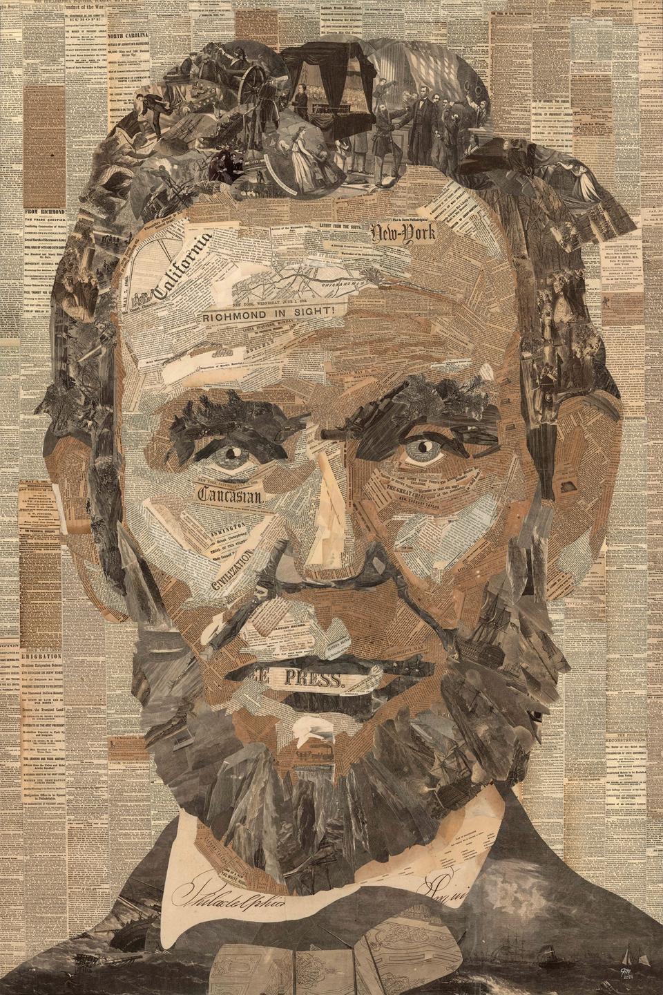 Jeff Meszaros' portrait of Abraham Lincoln is made entirely from Civil War era newspapers.