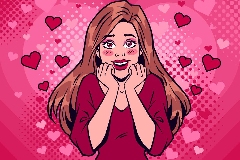 Woman, girl in love with hearts on a pink background. Valentine's Day illustration.