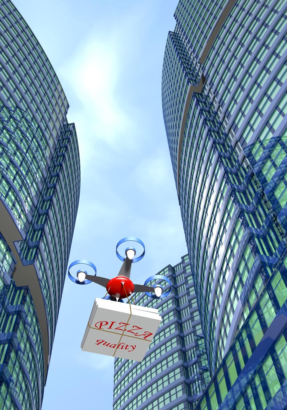 Drone delivering a pizza between skyscrapers