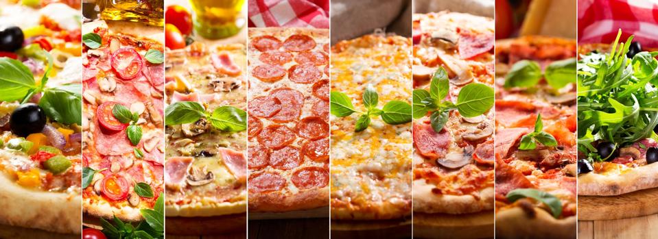 collage of various types of pizza