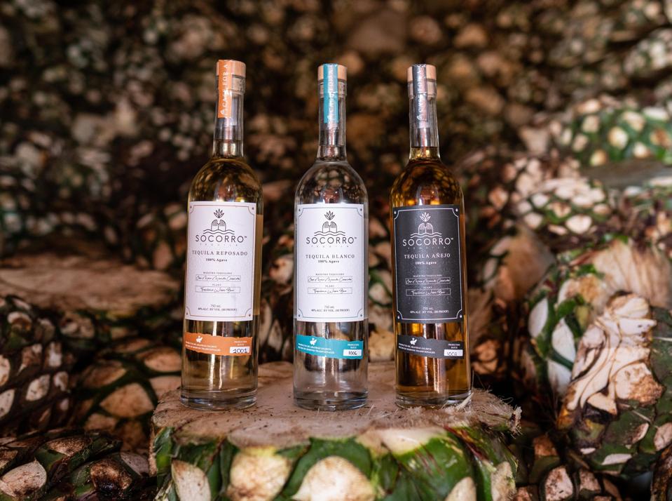 Socorro Tequila’s three expressions: Reposado (left), Blanco (center), Añejo (right).