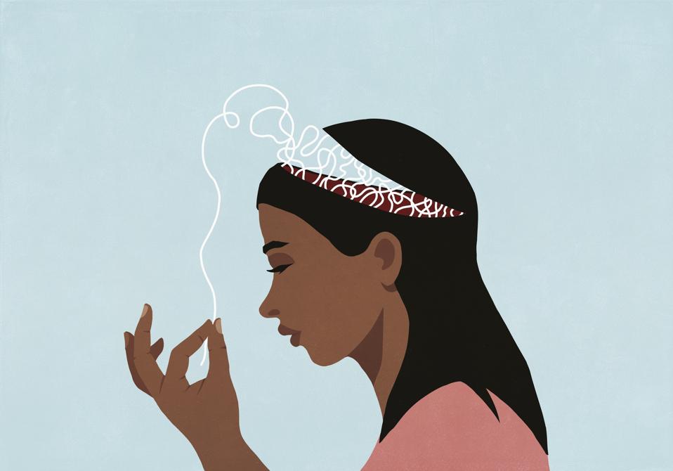 Profile woman with open head pulling at string