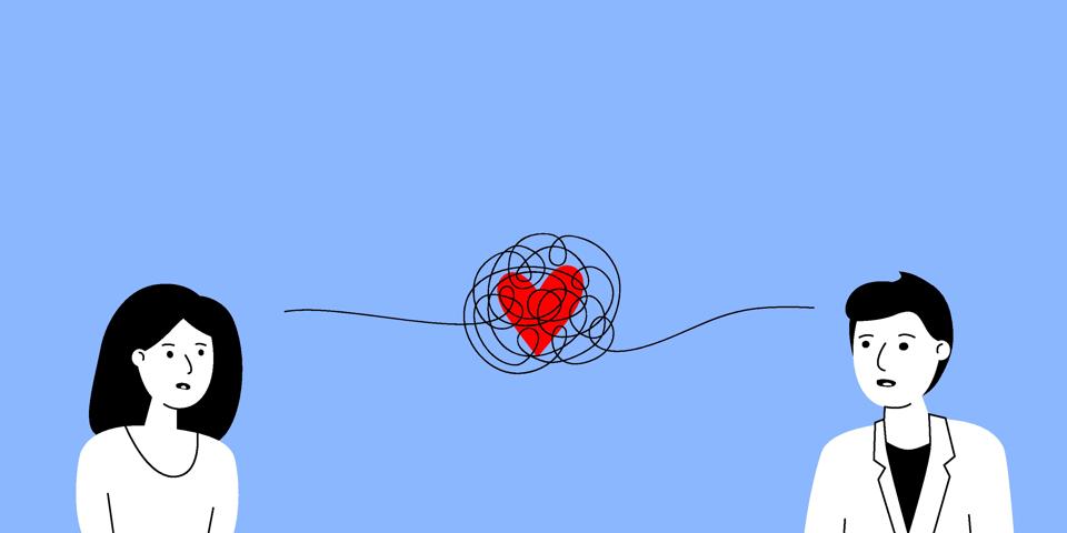 tangled thread with heart between man and woman