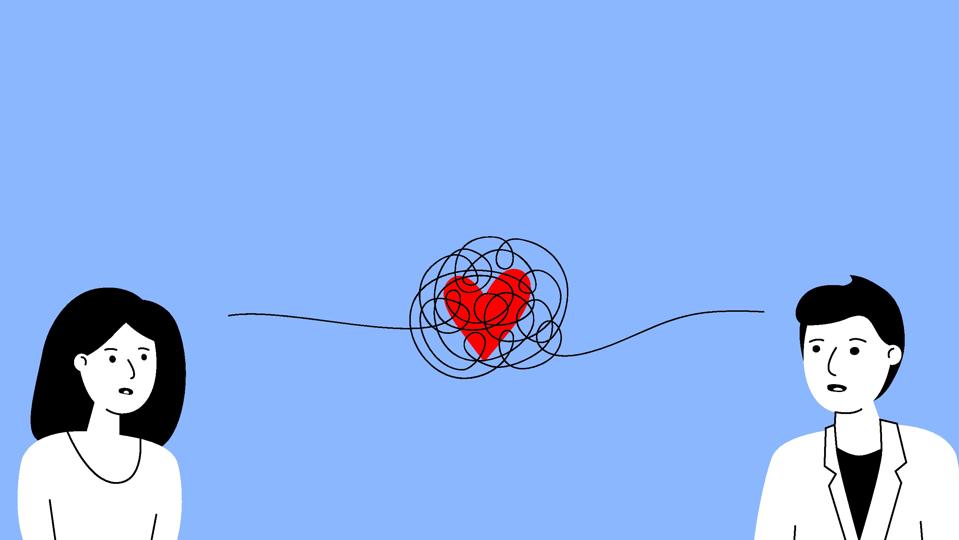 tangled thread with heart between man and woman