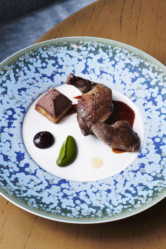 Pavyllon London Roasted Crown of Pigeon served with blackcurrant gel, wild dill purée and gratinated foie gras toast 2