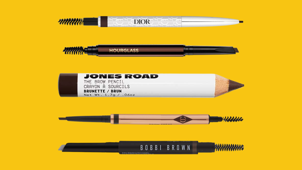 Five different eyebrow pencils on a yellow background.