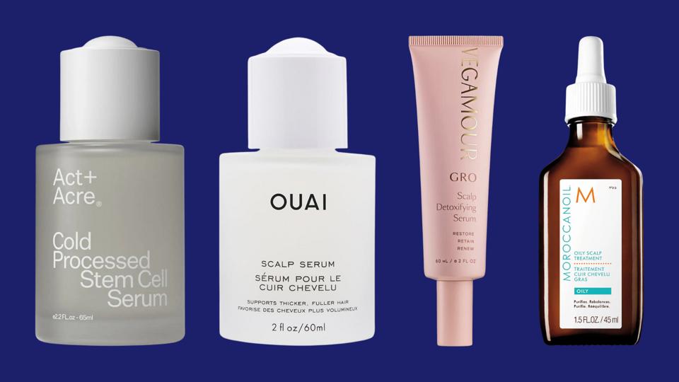 Four different scalp treatments on a navy background.