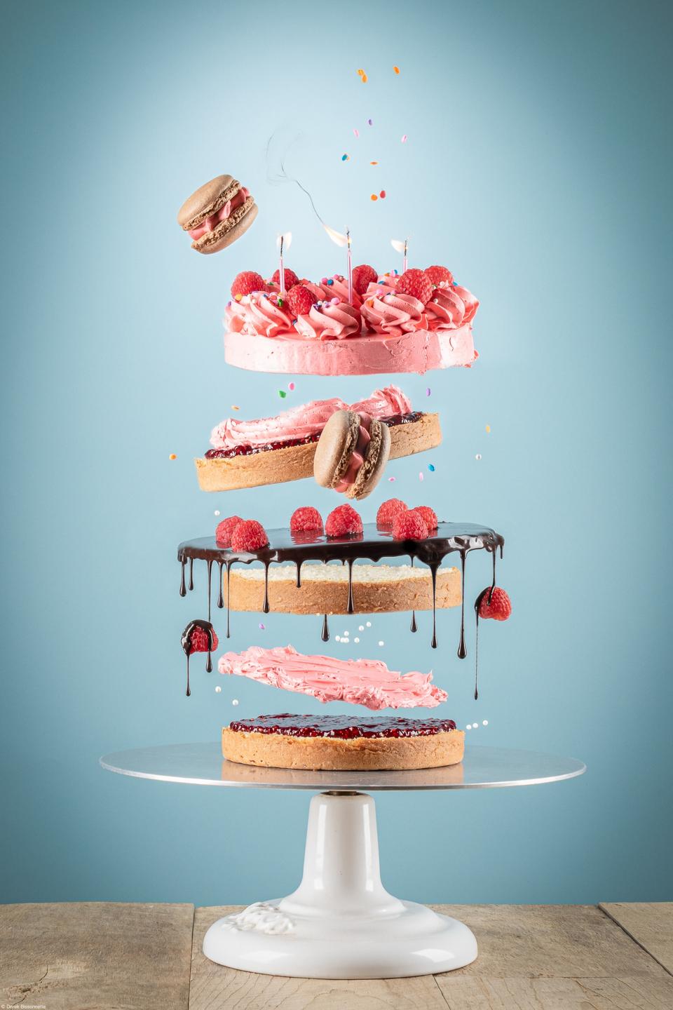 A triple shortcake looking like flying pieces.