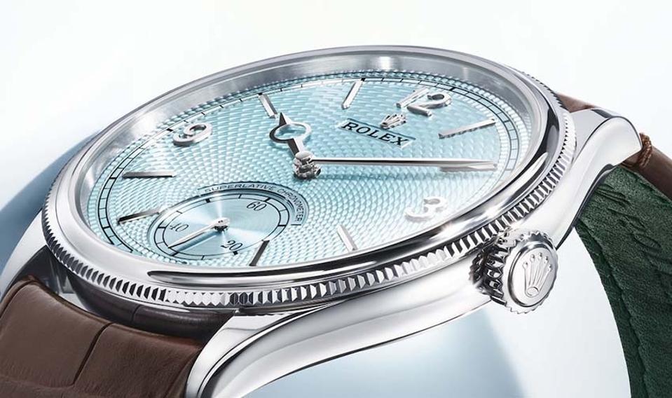 Rolex Perpetual 1908 with ice blue guilloché dial in platinum.