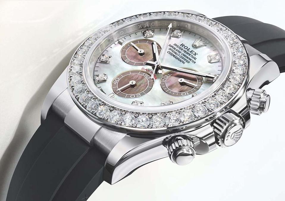 The Rolex Oyster Perpetual Cosmograph Daytona with mother-of-pearl dial and diamond bezel.
