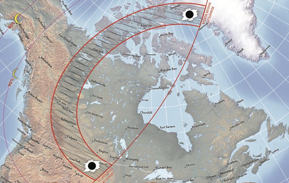 A map showing the path of totality on August 22, 2044. 
