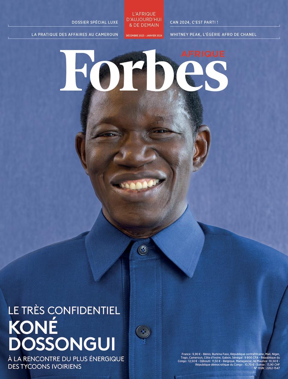 Bernard Koné Dossongui wears a button-up blue collared shirt on the magazine cover.