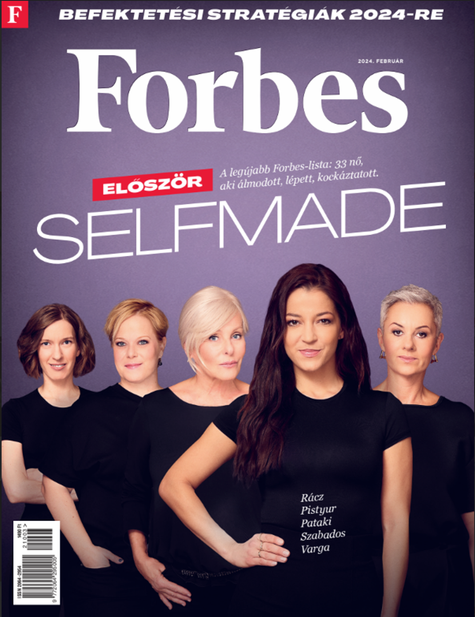 The magazine cover of Forbes Hungary shows five women wearing black against a purple back.