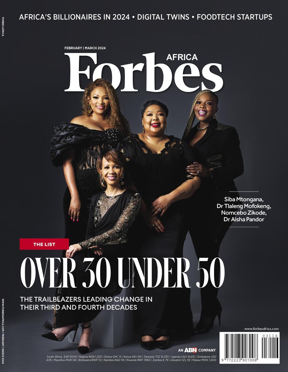 Four women wear black on the cover of Forbes Africa magazine.