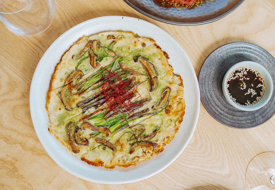 scallion pancake with shiitake and ponzu