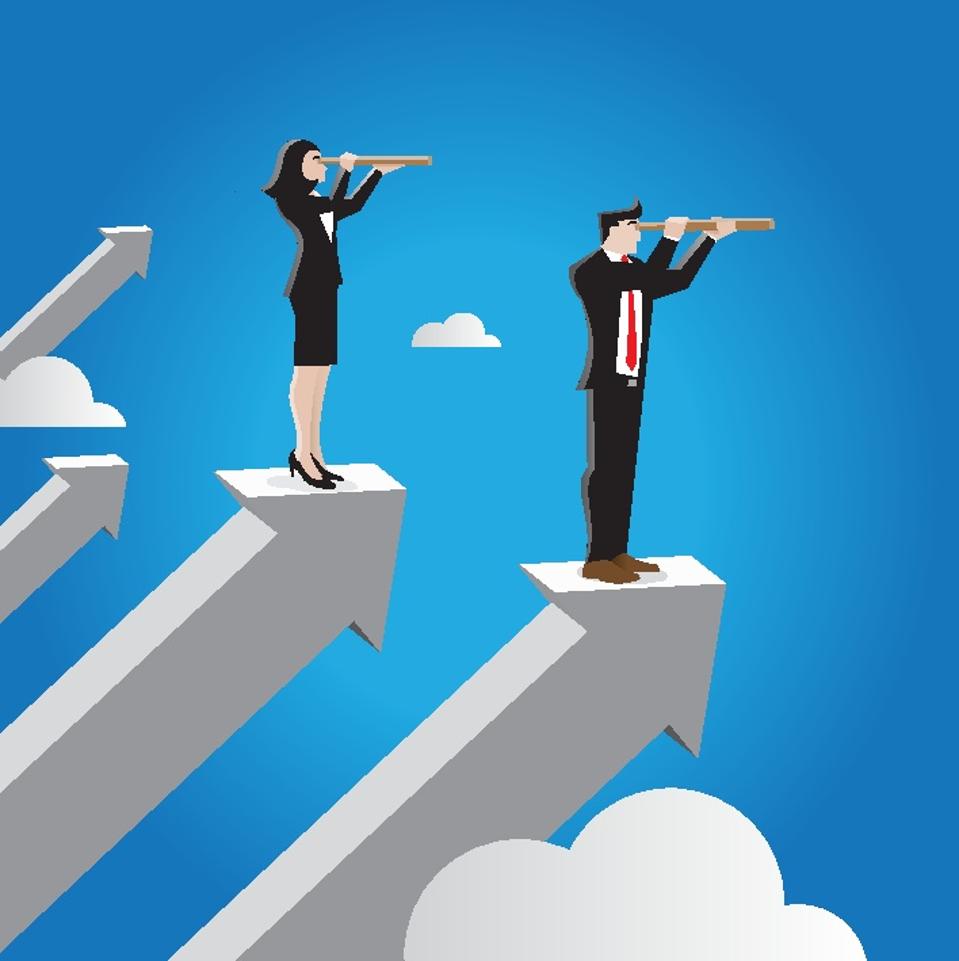 Businessman and Businesswoman with tescope looking to the future