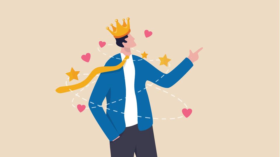 Narcissist people, extreme self involvement too much confident disorder, so proud attitude egocentric person, narcissism businessman admire himself and proud of his crown with love and stars around.