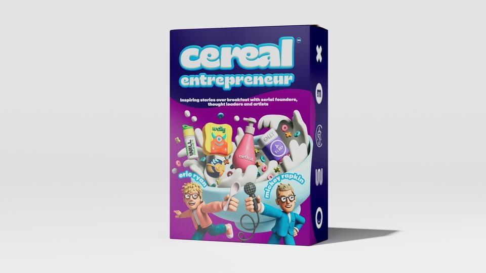 A cereal box announces "Cereal Entrepreneur," a new interview series from Forbes hosted by Method co-founder Eric Ryan and journalist Mickey Rapkin