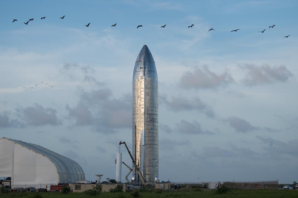 An early prototype of SpaceX's Starship super-capsule at the Starbase launch center