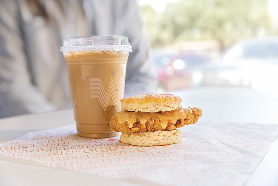 iced coffee and a chicken and biscuit