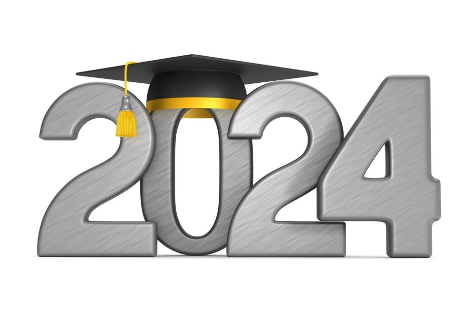 2024 year and graduation cap on white background. Isolated 3D illustration