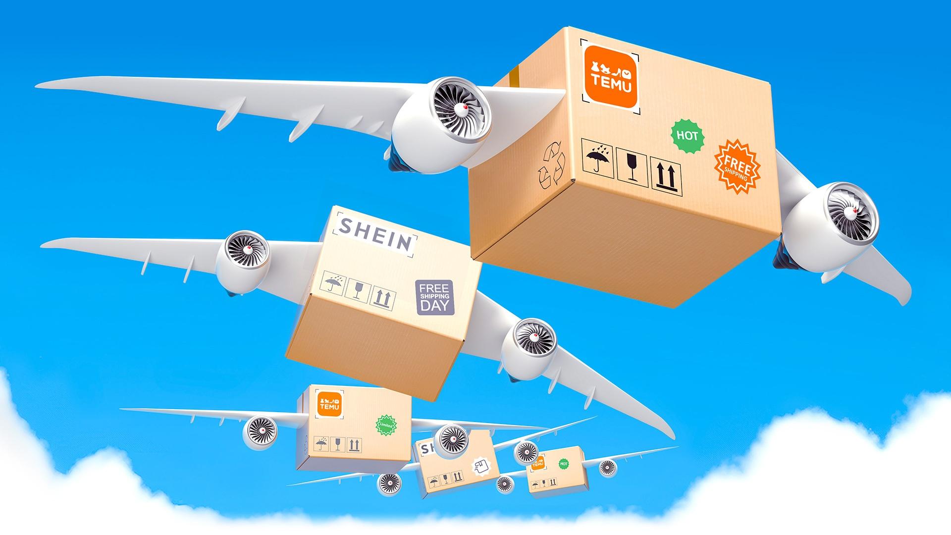 Boxes labeled with the Temu and Shein logos fly through the air with airplane wings.