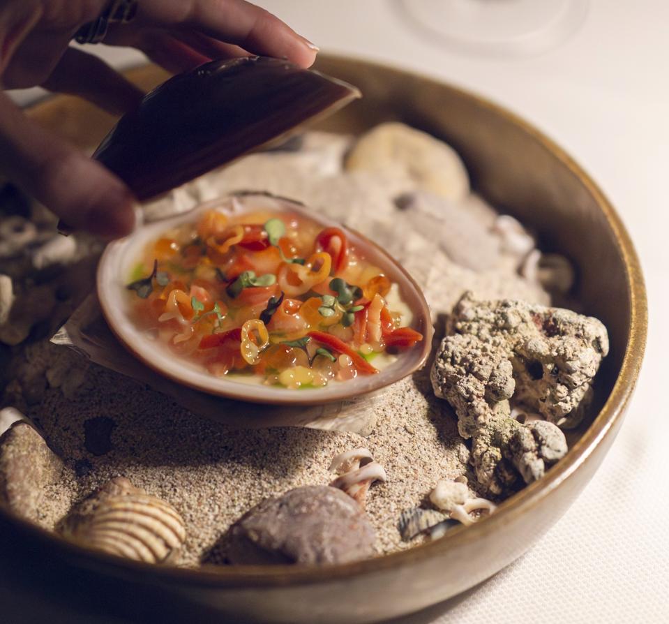 a clam ceviche served in the shell