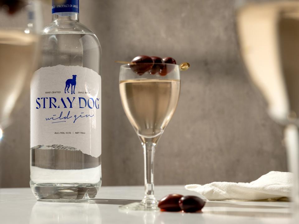 Stray Dog gin and a cocktail with olives