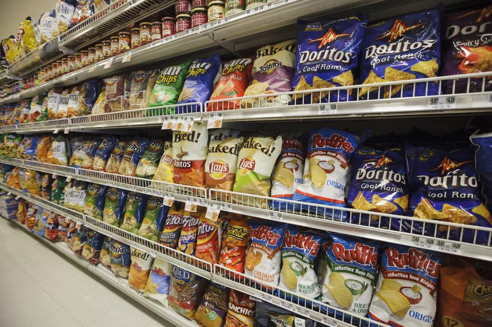 Snack chips on a supermarket shelf