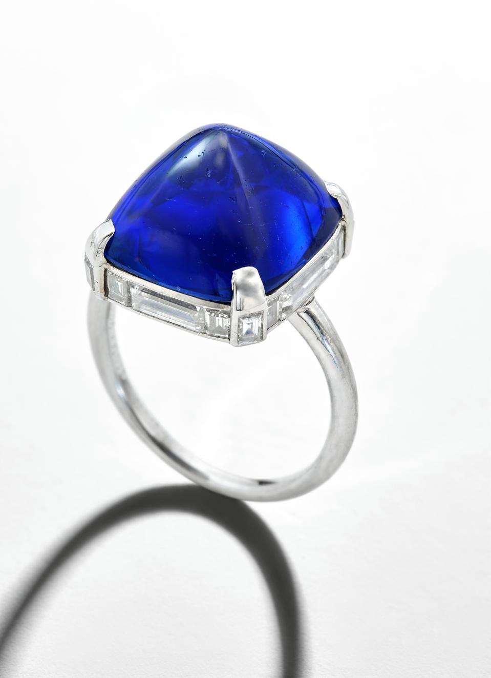 14.51-carat cushion-shaped sugarloaf cabochon sapphire by Cartier fetched $1.8 million
