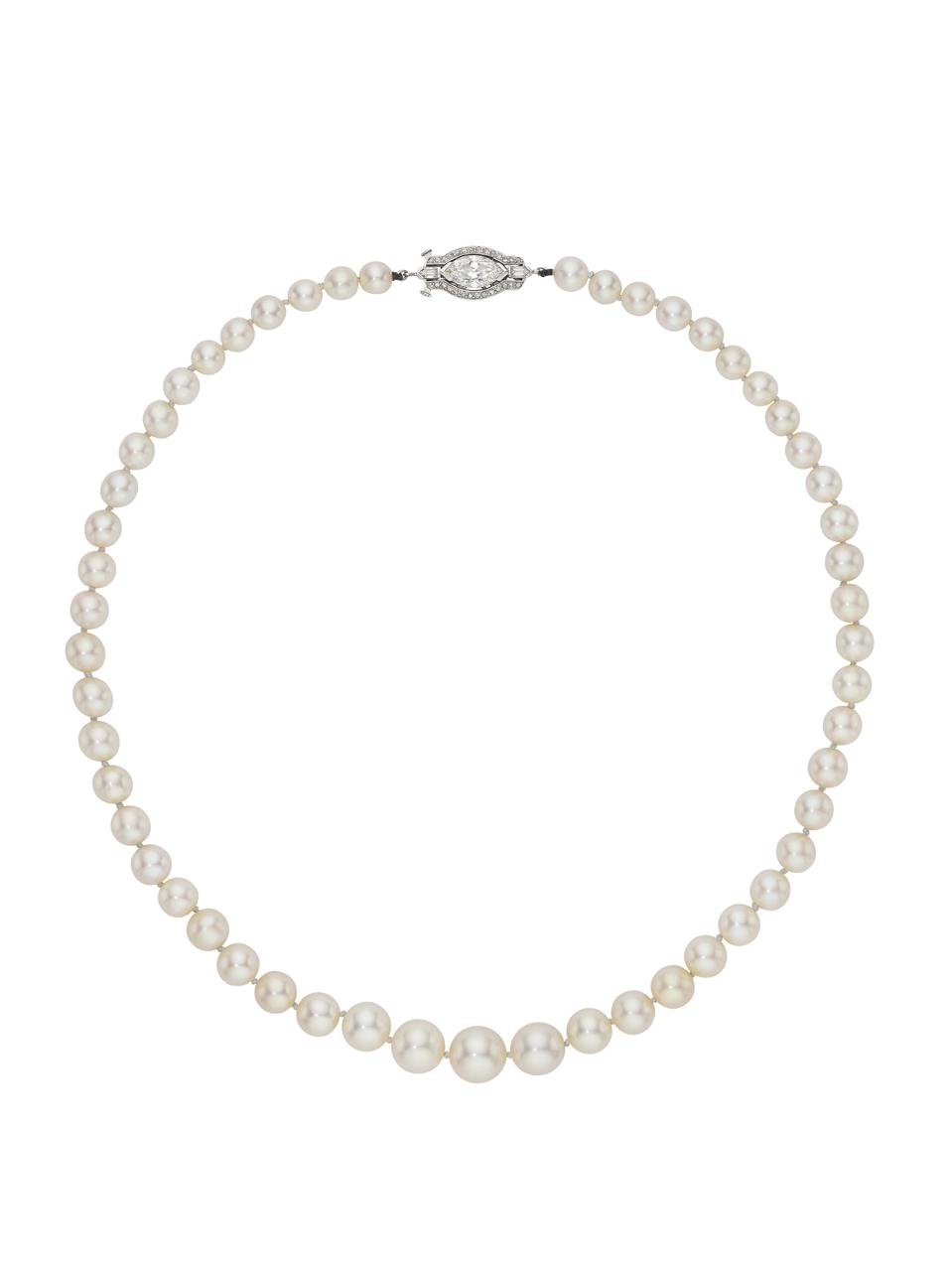 An Art Deco single strand natural and cultured pearl necklace sold for $302,400