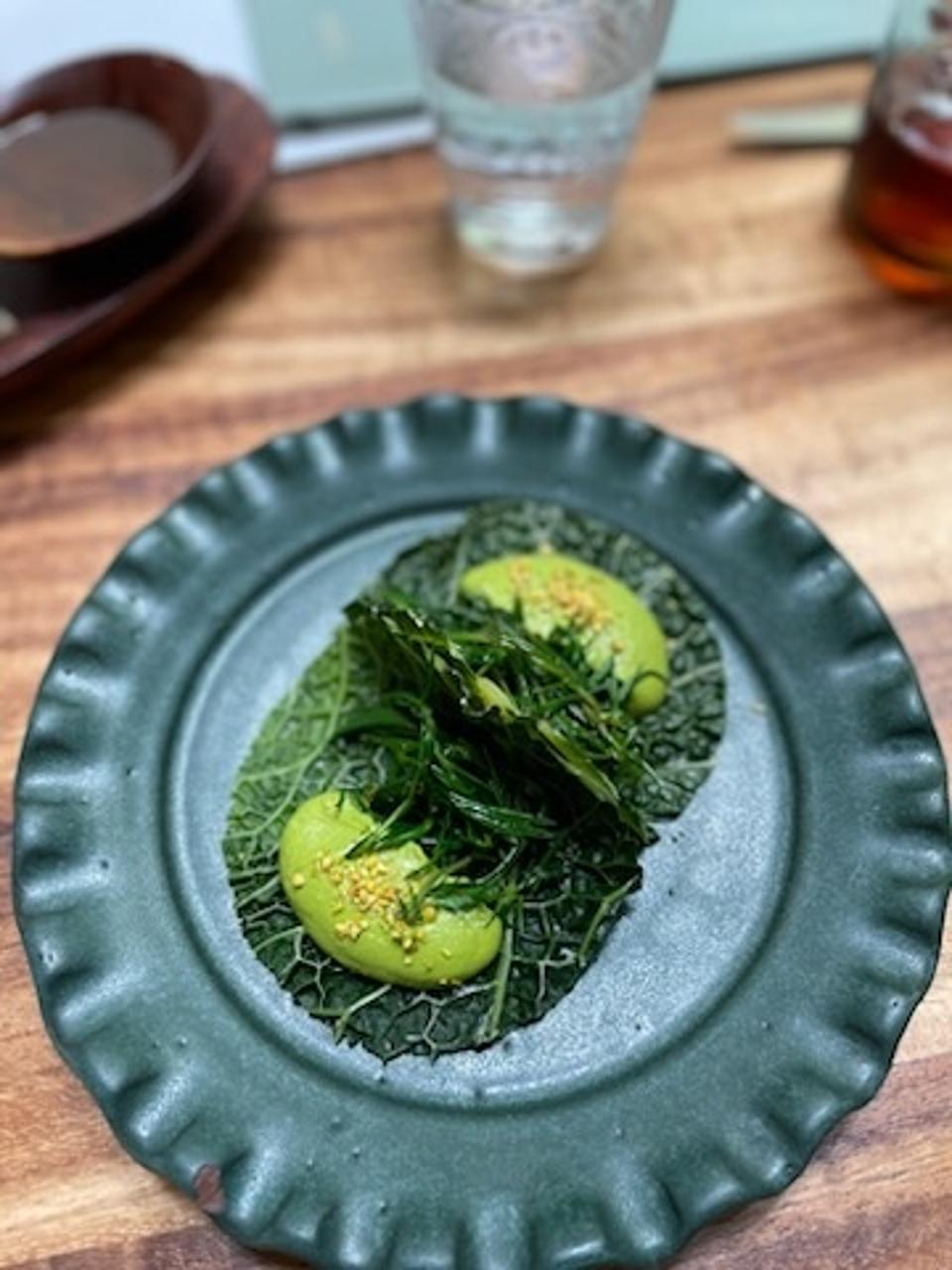 savoy cabbage tacos with romeritos and pistachio pipian