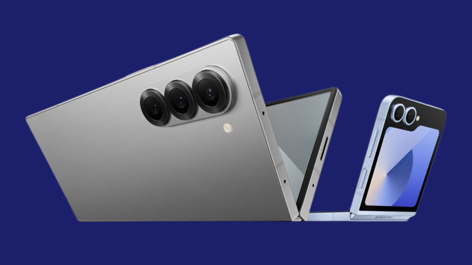 A Samsung Galaxy Z Fold 6 and Z Flip 6 on a navy background