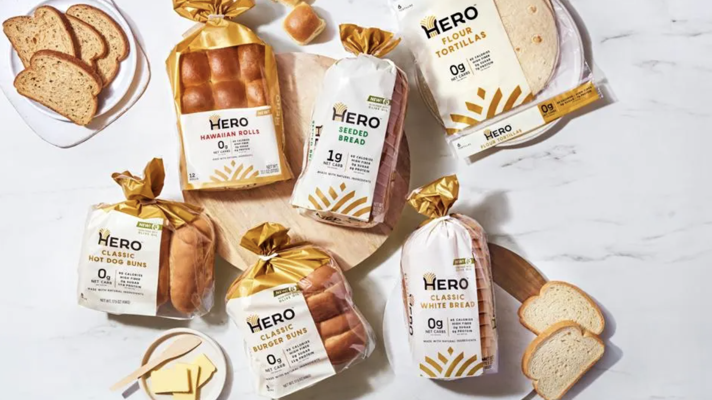 A selection of products from Hero Bread, including rolls, tortillas and burger buns.