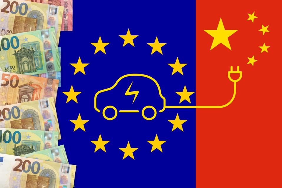 Euros notes on a European union flag background. Taxes for chinese electric cars import in Europe Union. EU and China trade war