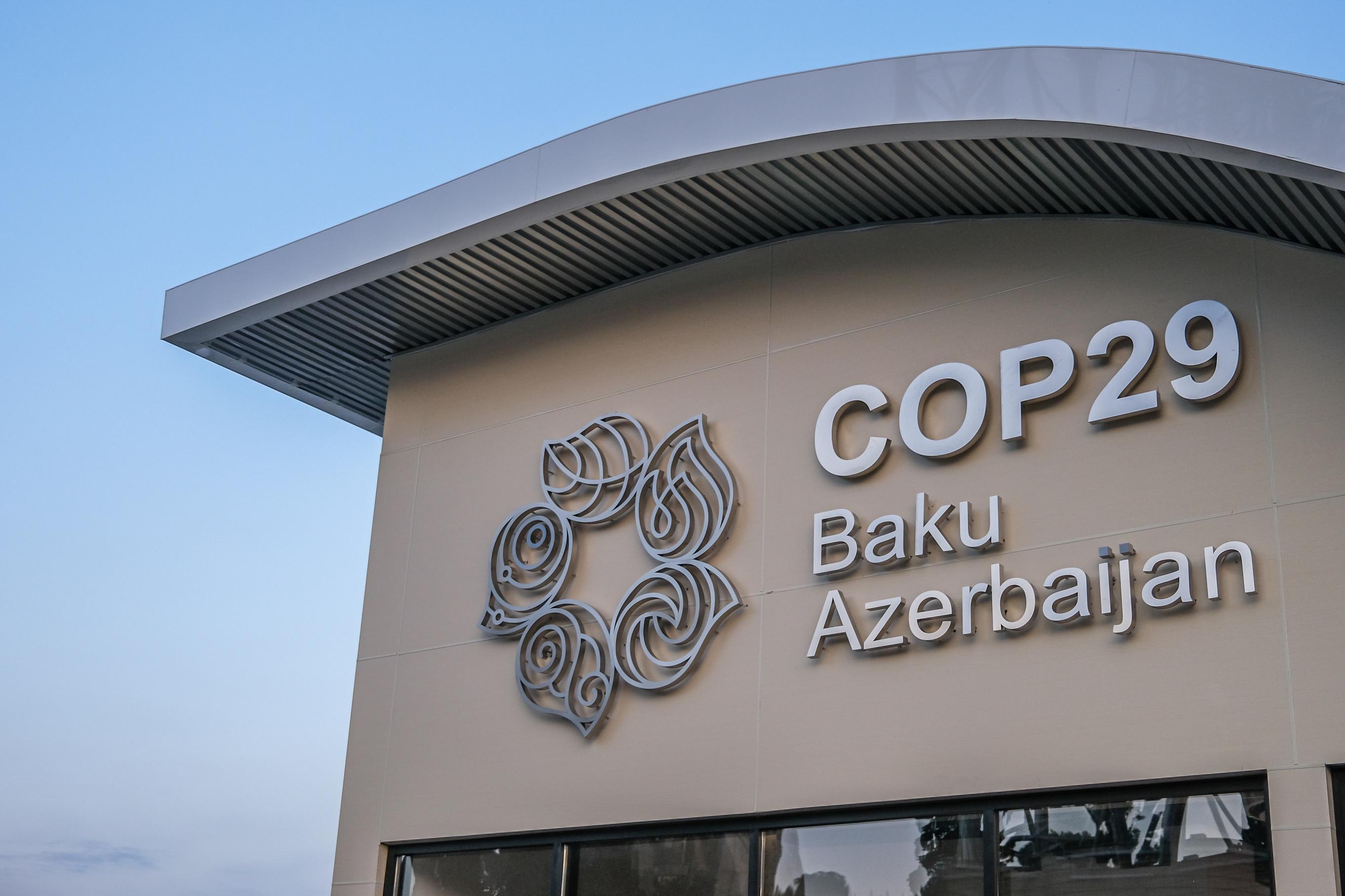 A building in Baku, Azerbaijan promoting COP29, which will take place in November.