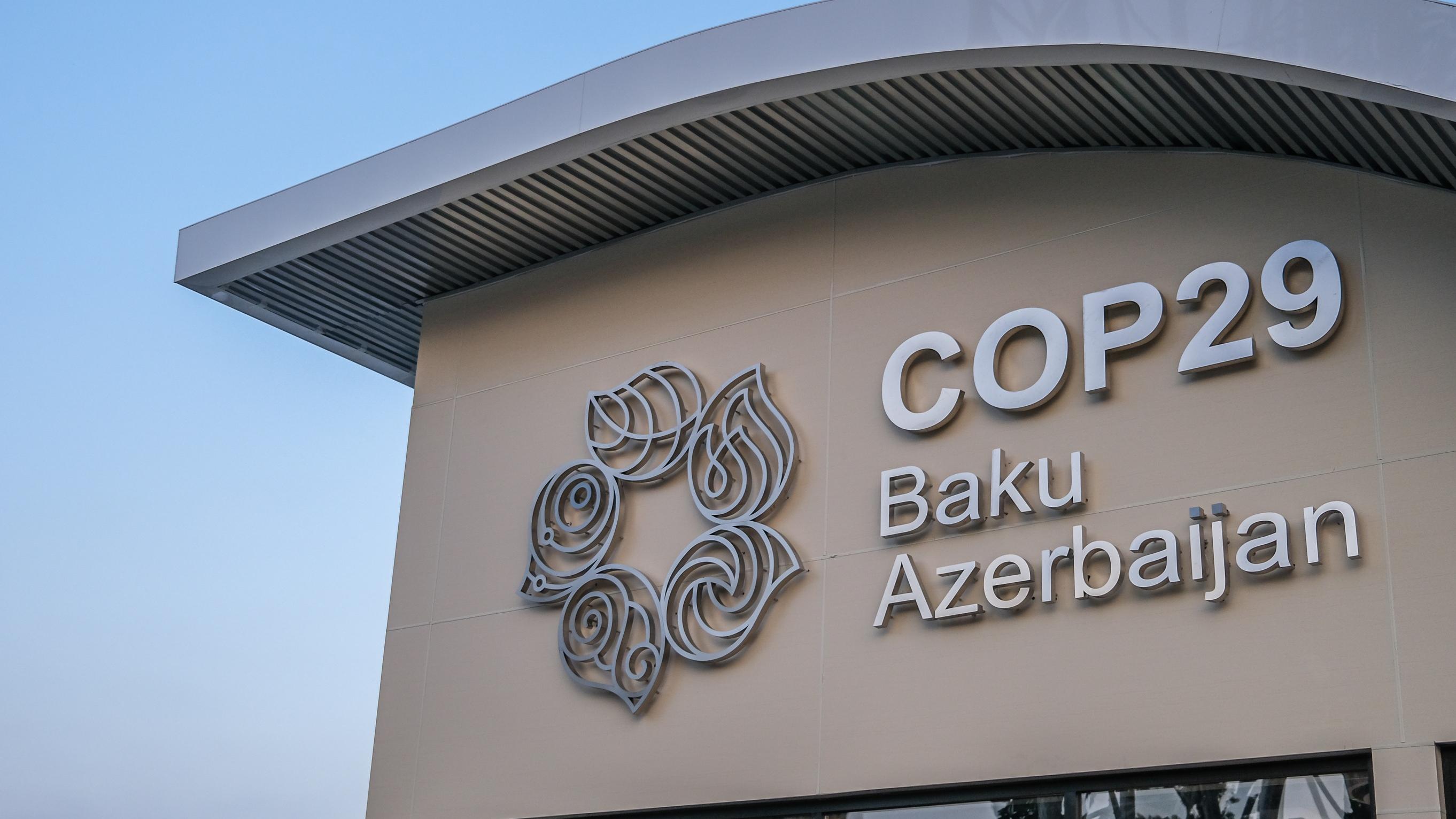 A building in Baku, Azerbaijan promoting COP29, which will take place in November.