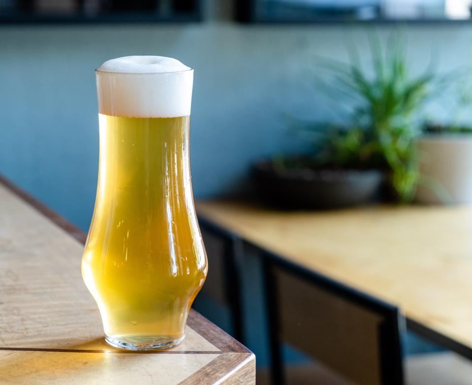 A Pretentious Pilsner Glass filled with a golden lager and a firm foam cap.