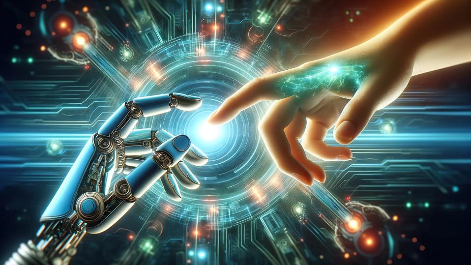 A human hand and a robotic hand reaching towards each other with a bright light and digital circuitry in the background symbolize the connection between humans and artificial intelligence.