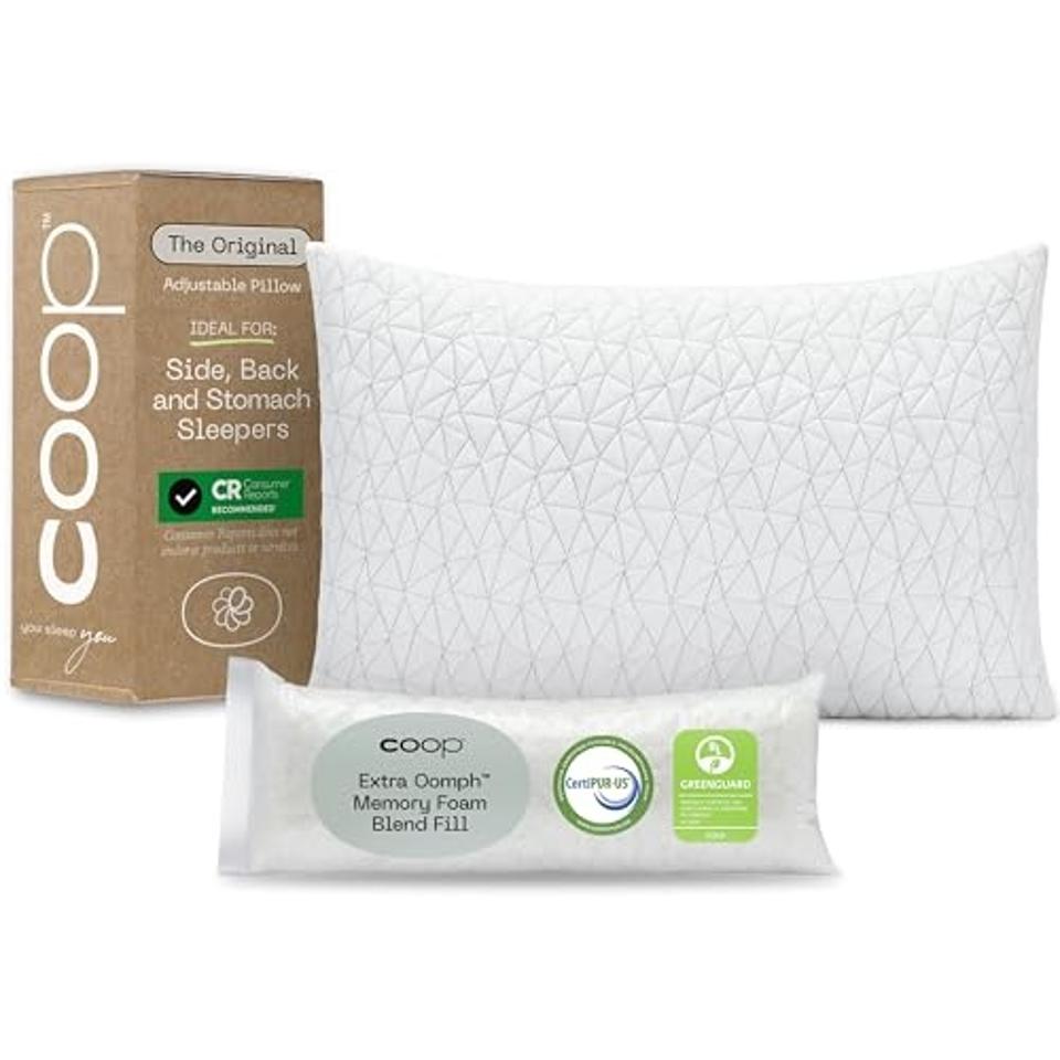 Coop Sleep Goods Original Adjustable Pillow with its packaging against a plain background