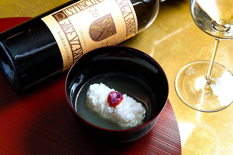Koshu wine paired with delicate Hamo, rhubarb jam and dashi-flavored soup at Tsukimi.