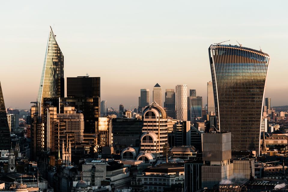 Aerial View of the City of London Skyline at Dusk. London, UK.