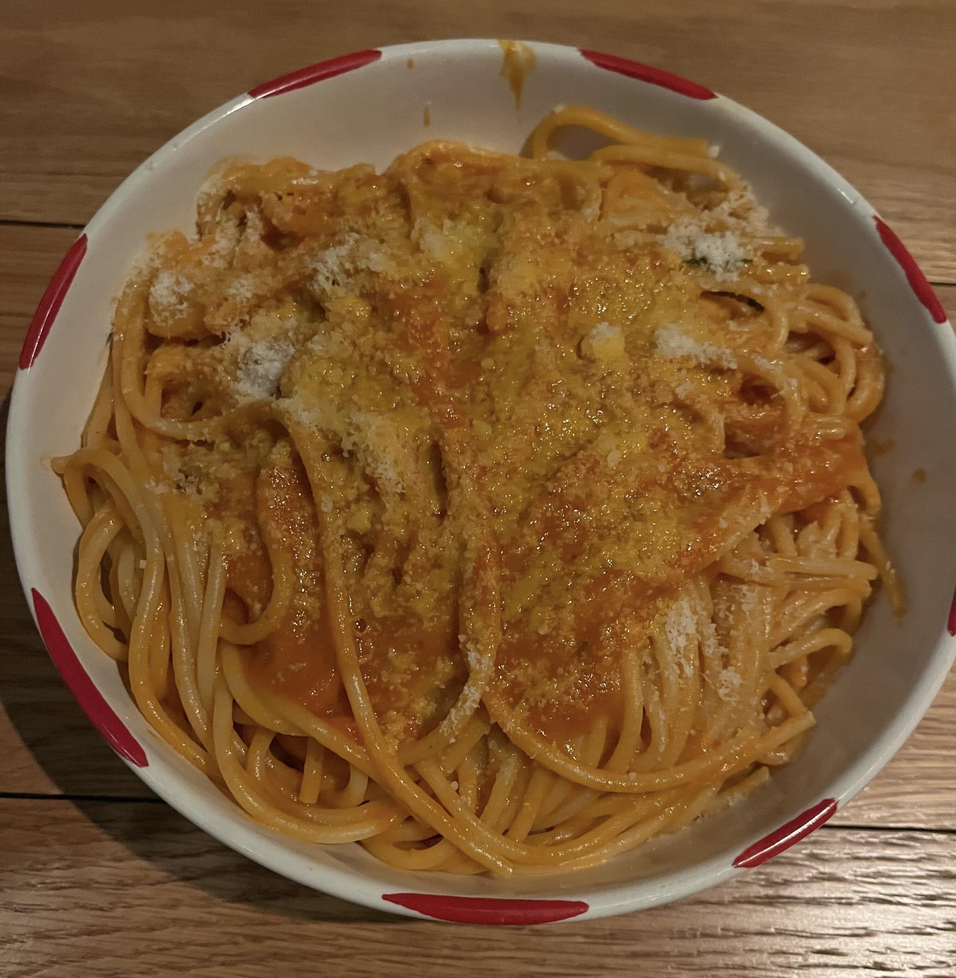 A plate of pasta with red sauce from Bar Primi in New York City.